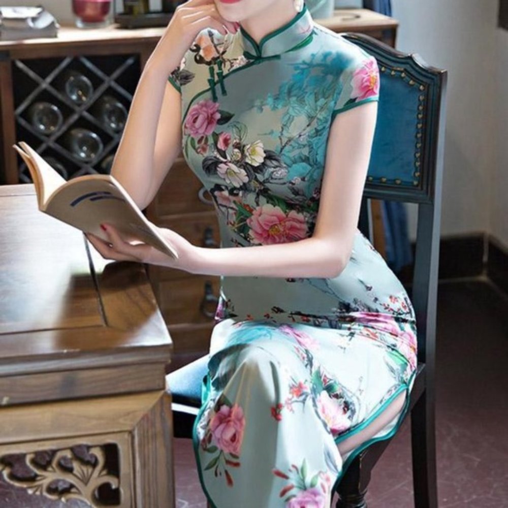Green Peony-print Split-side Long Cheongsam🤩🤩🤩🤩🤩